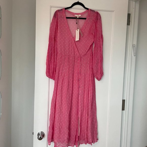 LoveShackFancy Bevelyn Pink White Polka Dot Wrap Dress Long Sleeves Front Slit - Picture 9 of 12